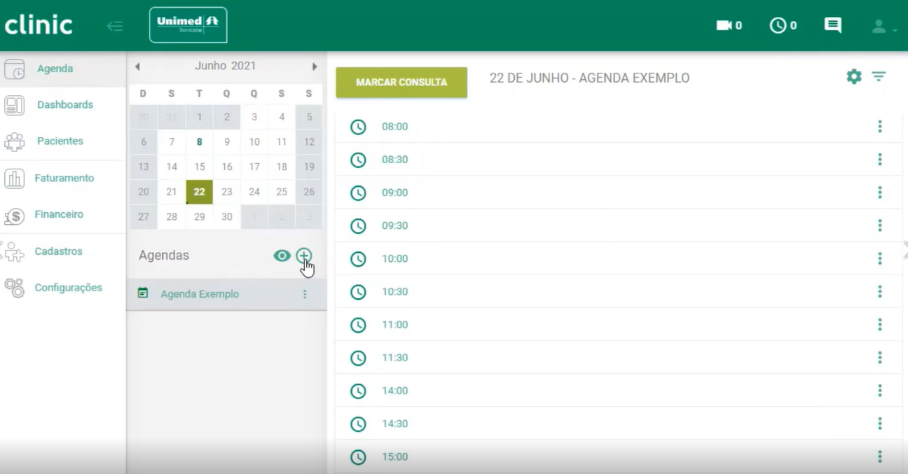 Mockup com tela de cadastro de nova agenda no Clinic